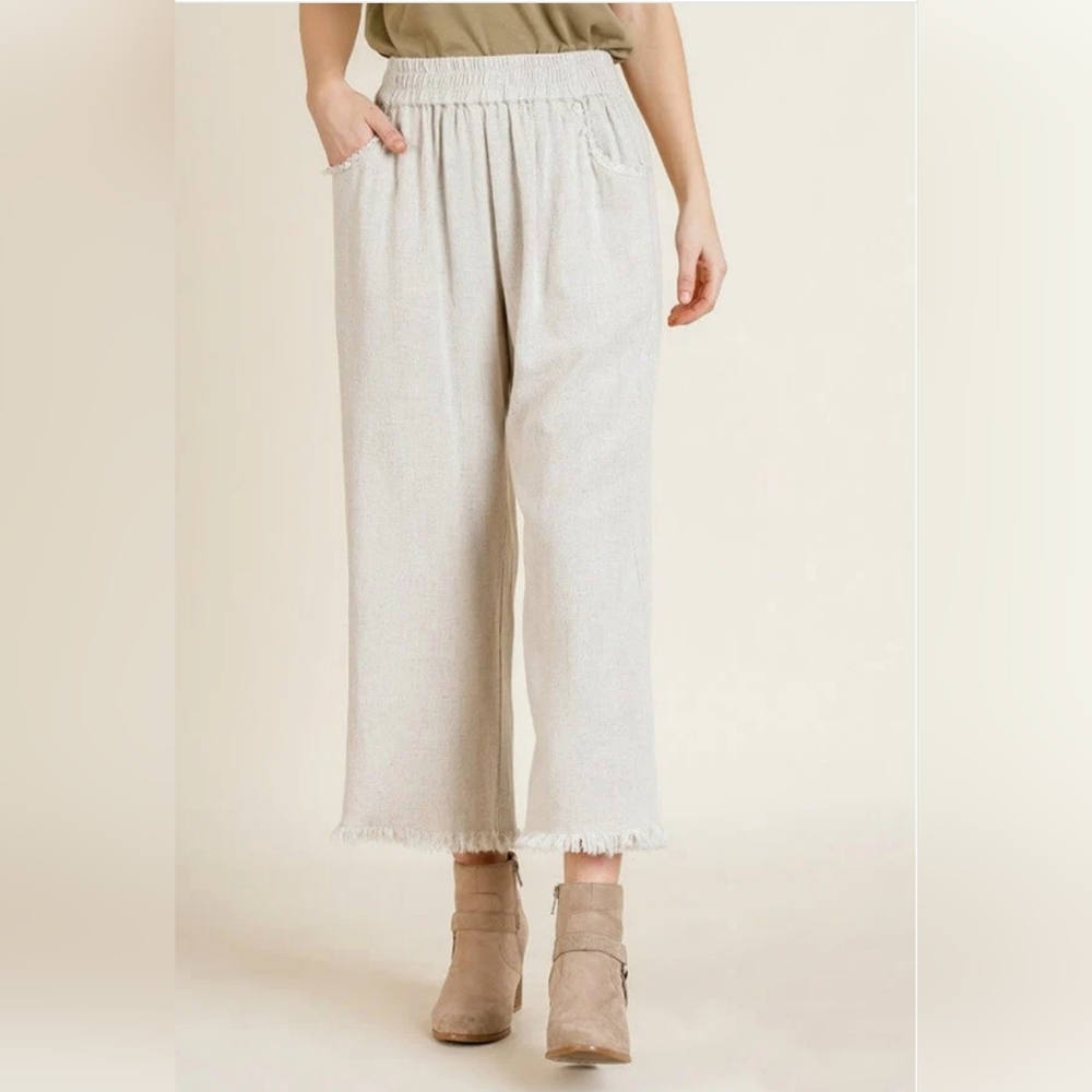 Umgee Wide Leg Linen Blend Frayed Pants